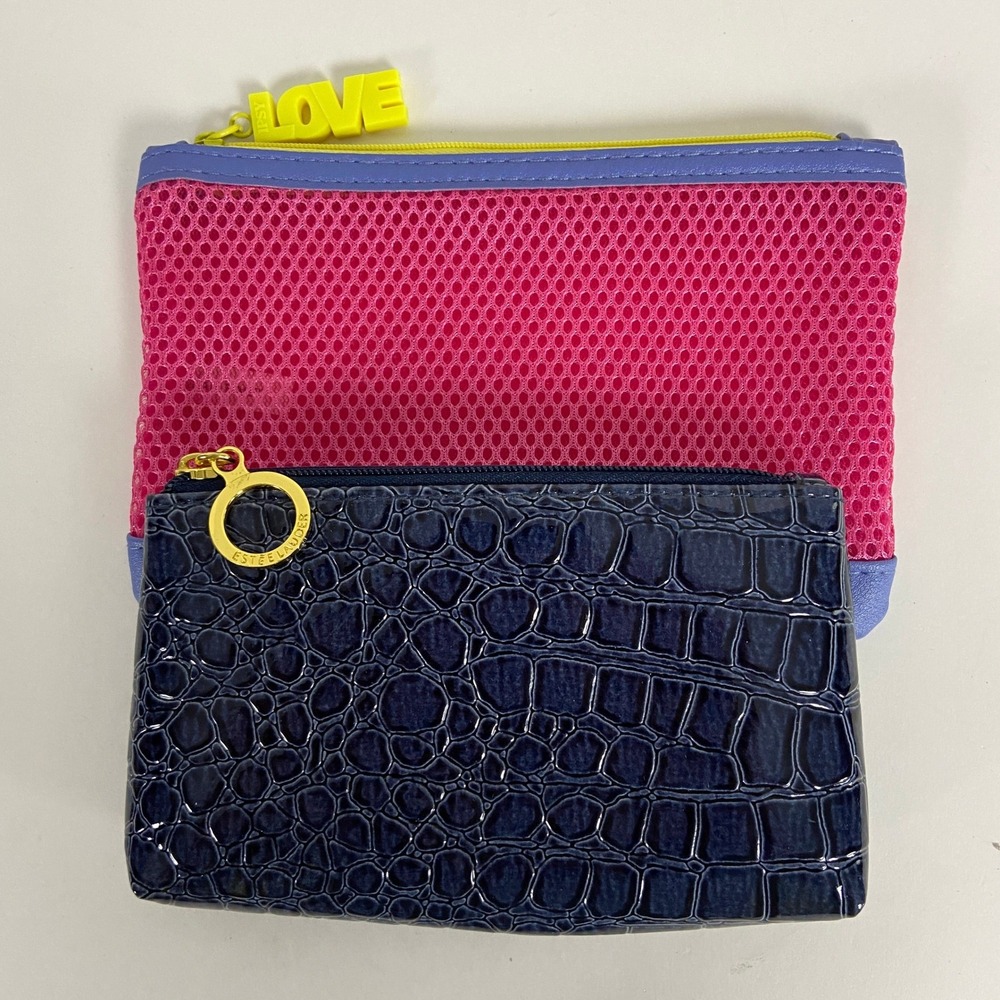 Estee Lauder Navy Croc Embossed Pouch & Ipsy Pink Mesh Love Zipper Bag Set of 2